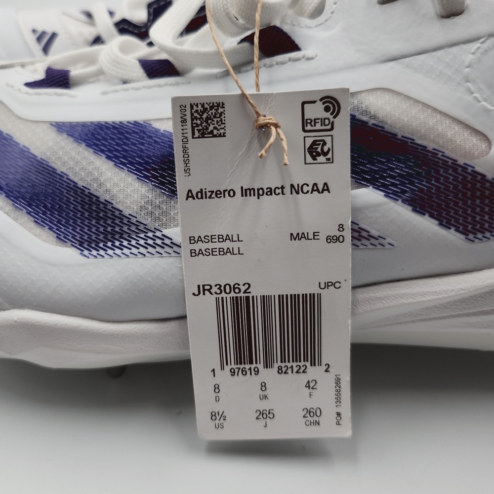 Mens Size 8.5 Adidas Baseball Cleats Adizero Impact NCAA White Purple JR3062 - Picture 5 of 5